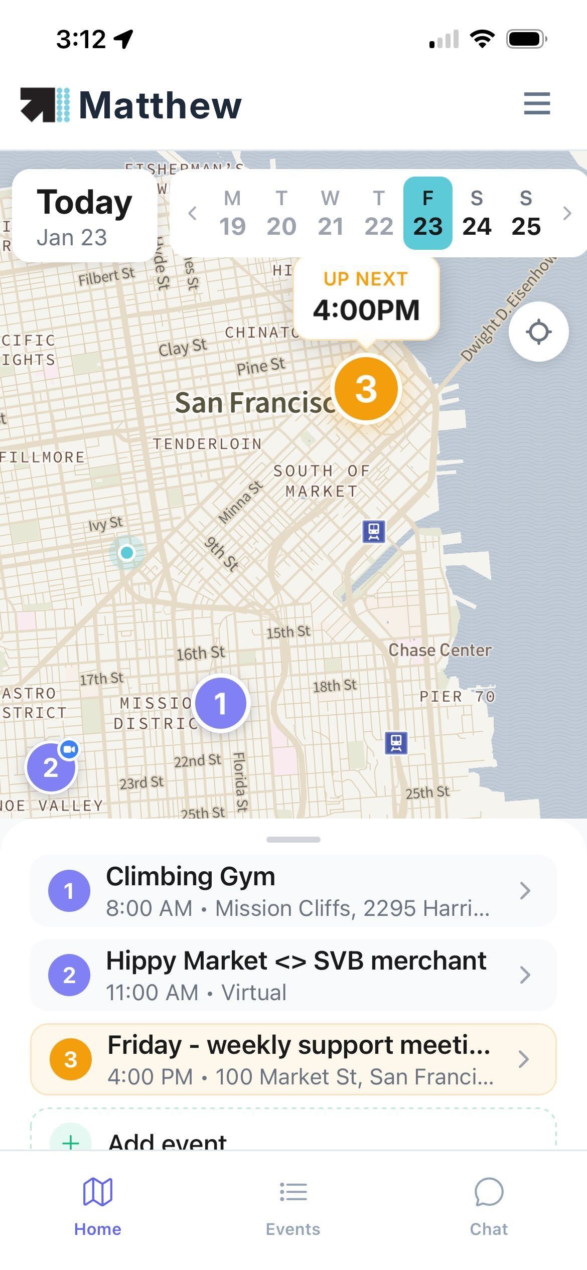 Sasto app showing daily schedule and map